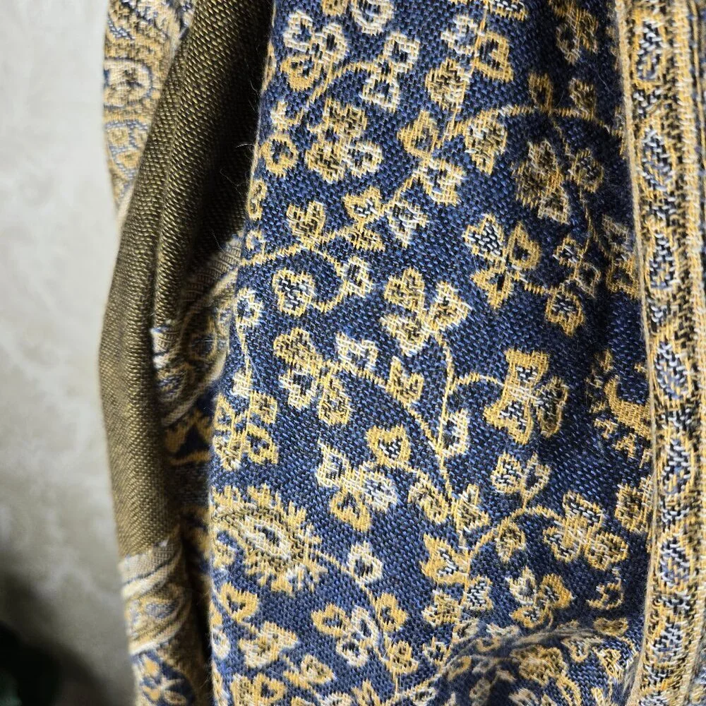 Blue and Gold Paisley and Floral Patterned Oblong Scarf Fringed Ends Feminine